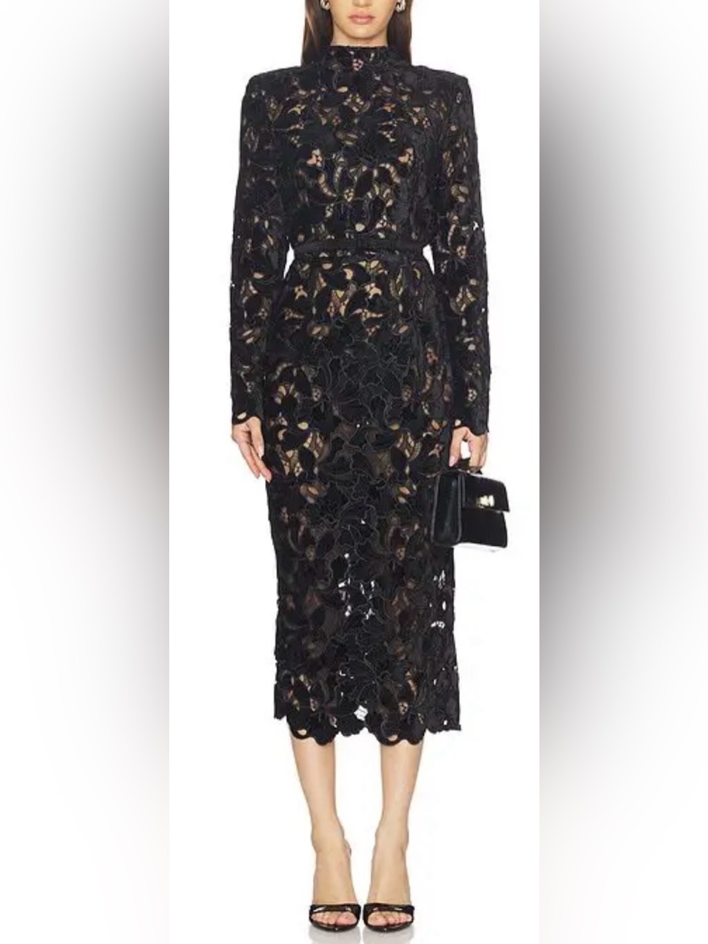 NEW NADINE MERABI Diane High Neck Long Sleeves Black Midi Pencil Dress Sz 2